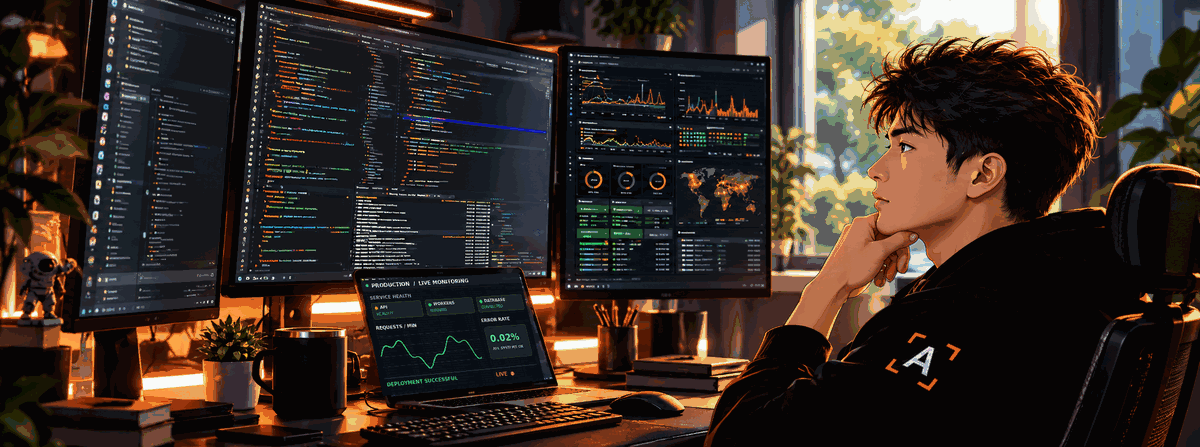 Engineer monitoring code and live production dashboards